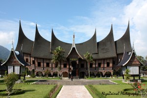 The front view of Rumah Gadang. The architecture, construction, internal and external decoration, and the functions of the house reflect the culture and values of the Minangkabau